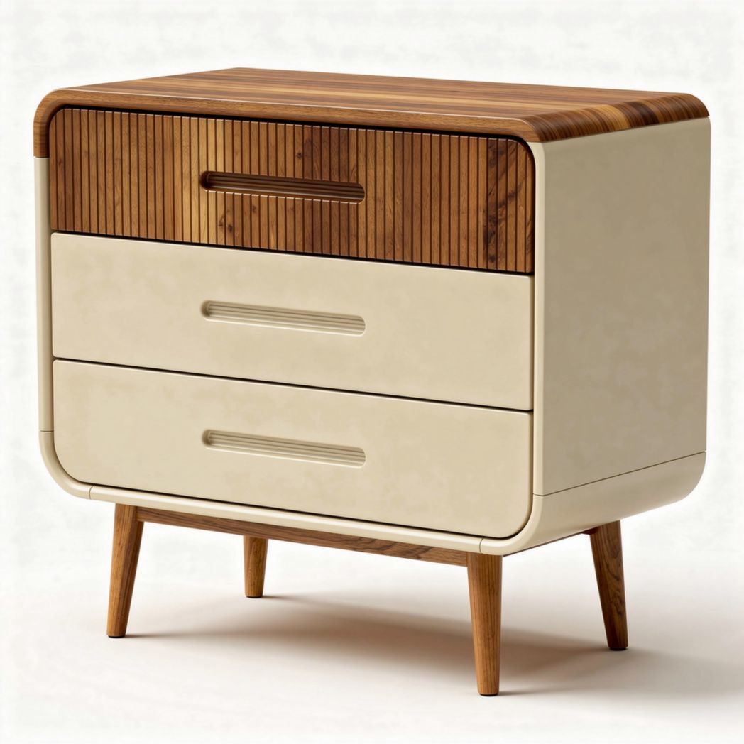 Commode en bois avec trois tiroirs dimensions 60 x 40 x 45cm couleur beige et finition bois naturel