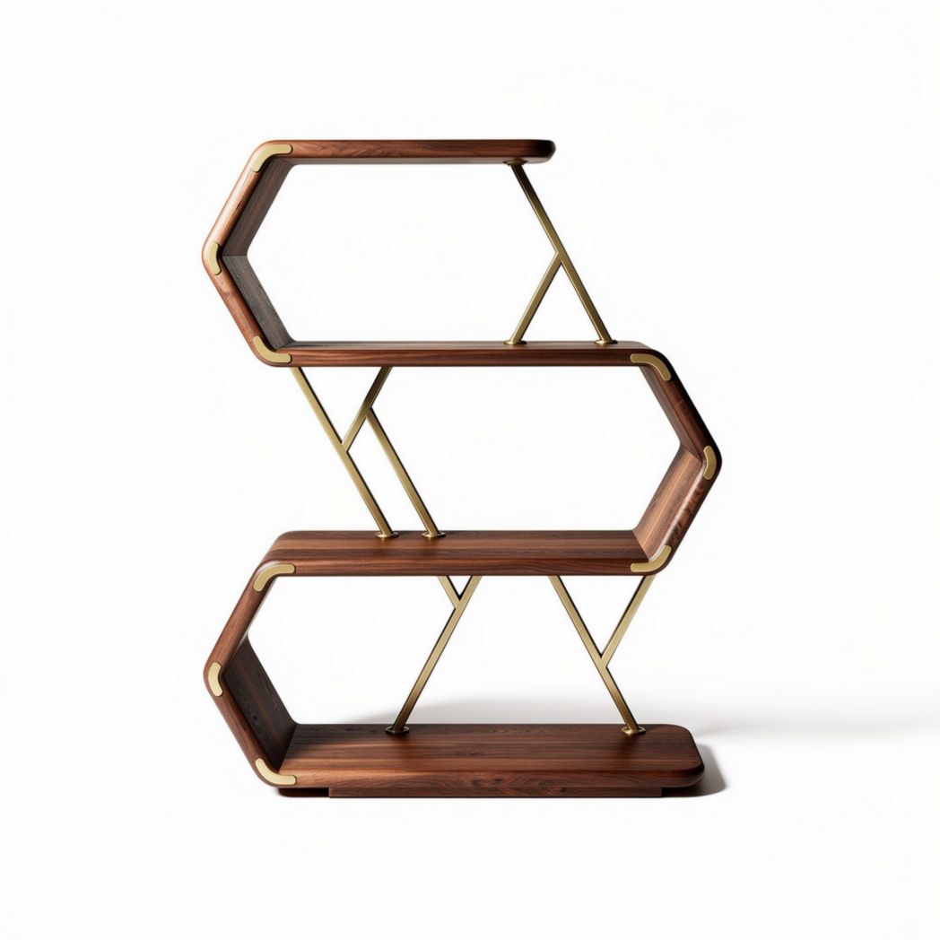 Étagère hexagonale en bois et métal doré 75 x 40 x 120cm pour rangement décoratif