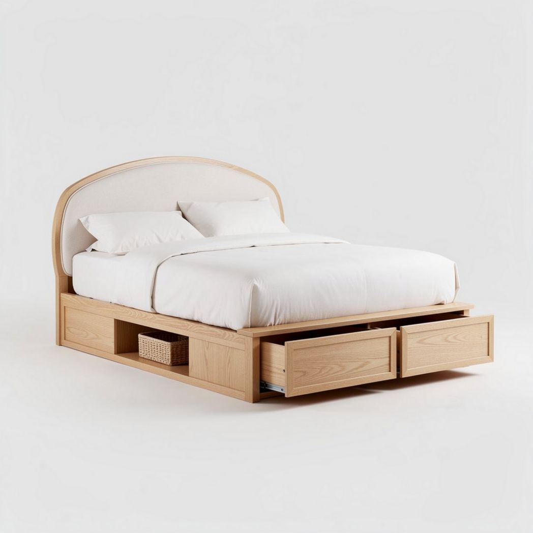 Lit en bois de hêtre avec tête de lit rembourrée et rangement intégré 210 x 160 x 100cm