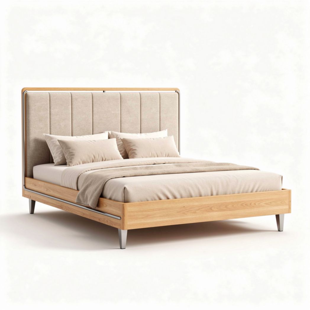 Lit en bois avec tête de lit rembourrée en tissu beige 200 x 160 x 100cm